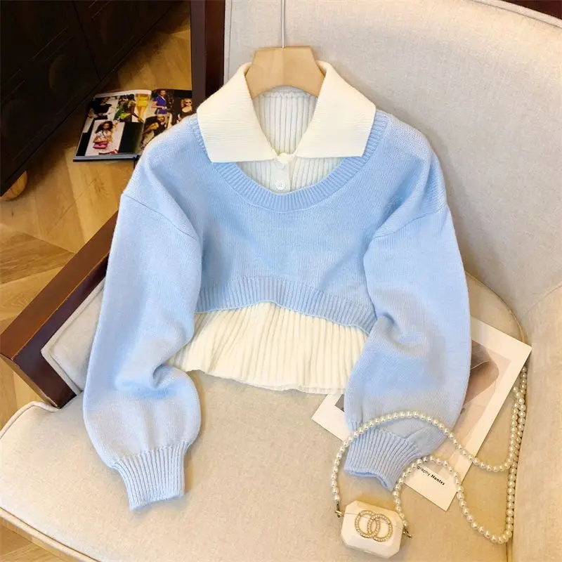 

Early Autumn 2025 Korean Sle College Faion Knitted Ne Two-Piece Set Lazy Sle Loose Fit Long Sve ort Length