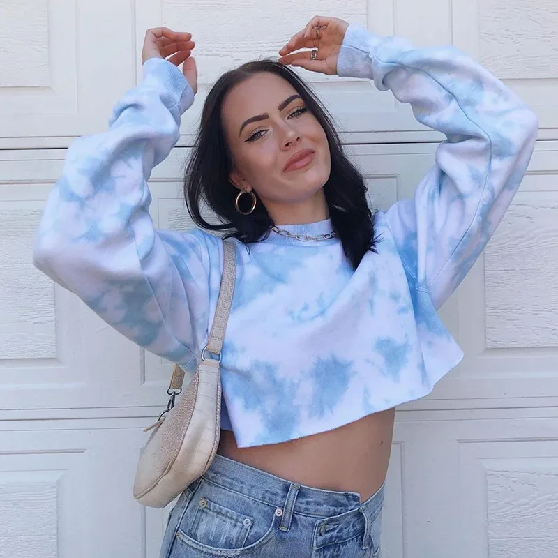

Women Tie-dye Printed Crop Top Loose Casual Long Sleeved Hoodies T-shirt