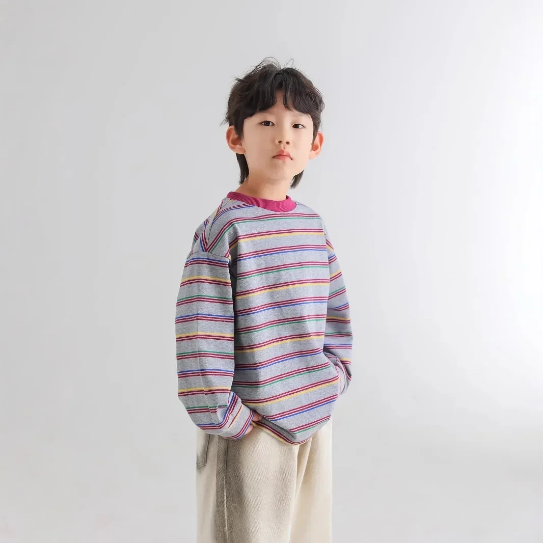 

Children Clothing Korean Style Loose Casual Cotton Top 2025 Spring New Boys Striped Fashion All Match Soft Comfortable Hoodie