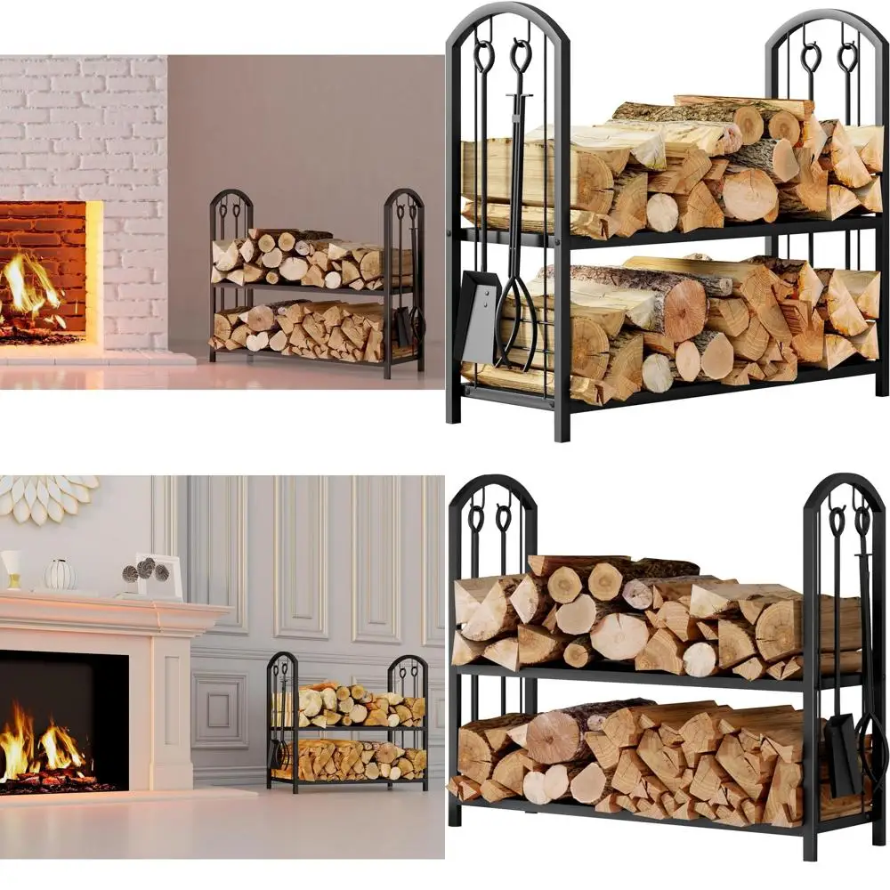 

5-Piece Black Firewood Log Rack with 4-Tool Set for Fireplace Storage and Organization