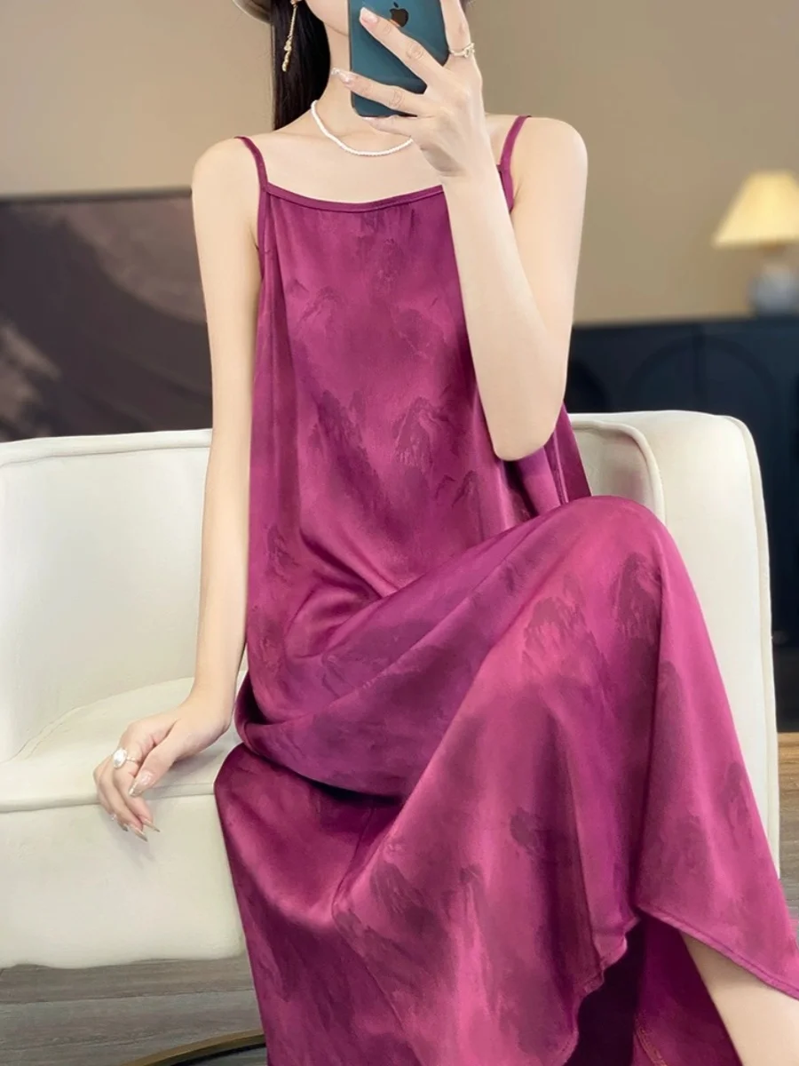 فستان Ele Summer Silk Satin Long Dr للنساء على شكل حرف A مع تصميم حزام التخسيس المطرز من الأسيتات لـ Ocns غير الرسمي