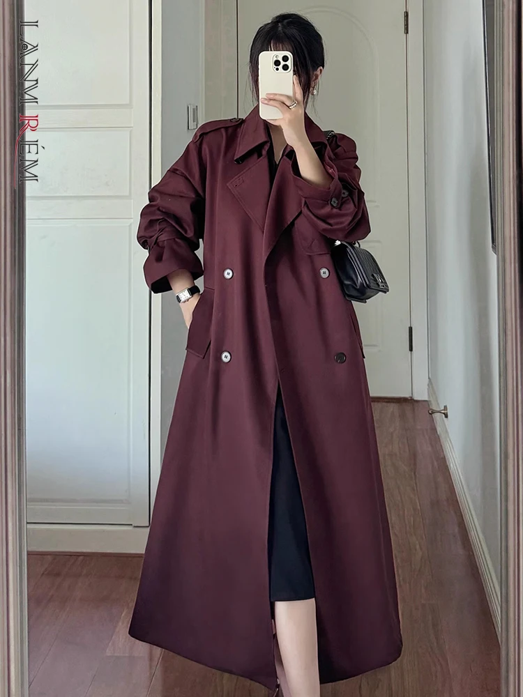 LANMREM Wine Red Long Windebreaker Coat Women Belt Gathered Waist 2025 Spring New High-end Trench Office Lady Trendy 2DB1905