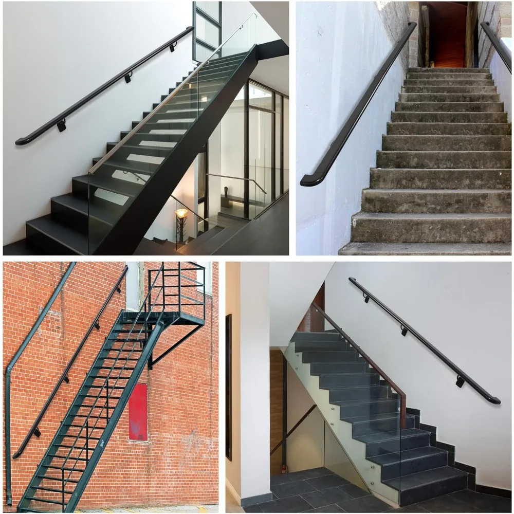 درابزين درج داخلي وخارجي معدني أسود مع إرجاع جدار للخطوات والسلالم #6