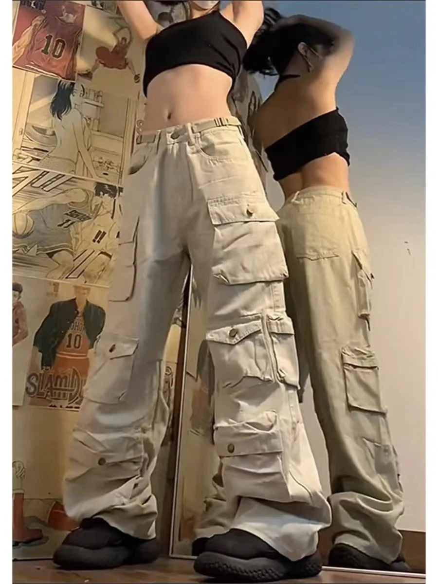 Street Style American Retro Multi-Pocket Wide-Leg Loose Pure Cotton Work Trousers Unisex Trendy Military Green Sand Color