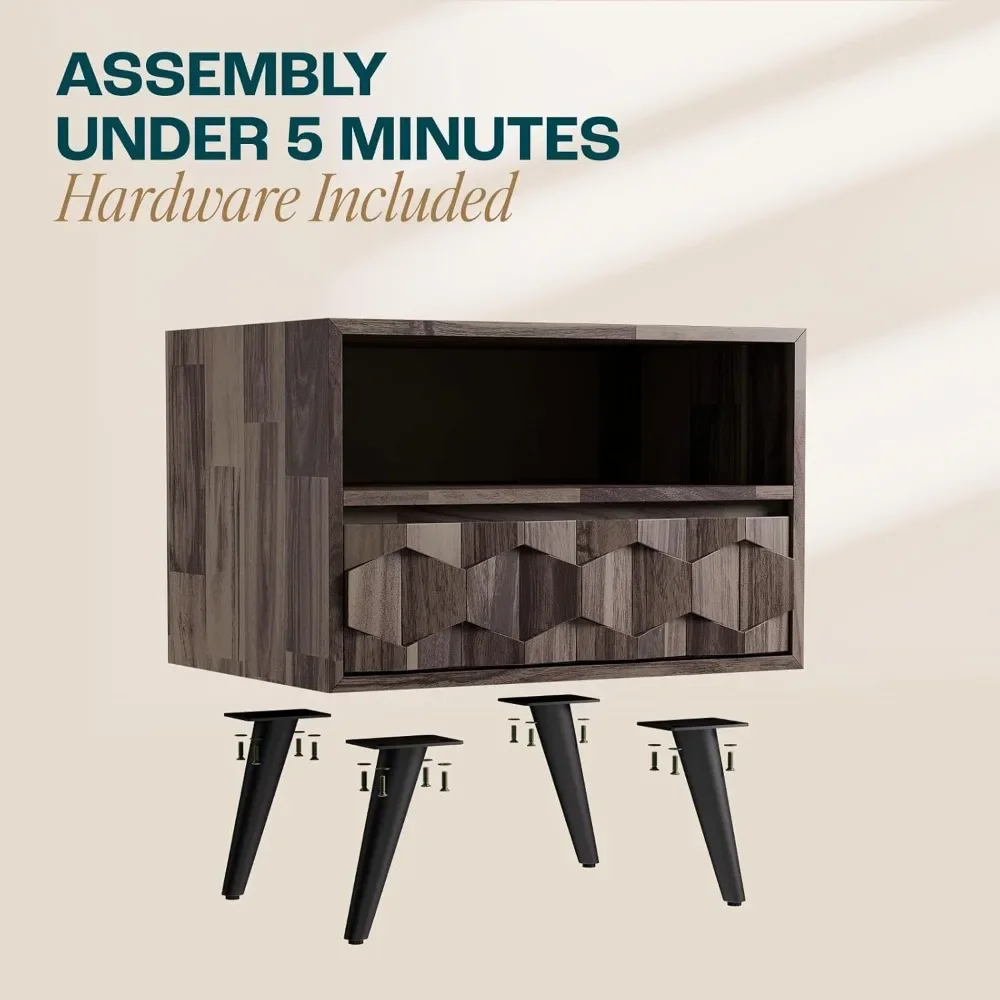 طاولة جانبية، طاولة جانبية حديثة مجمعة بالكامل في منتصف القرن - خزانة بجانب السرير بنمط هندسي لغرفة النوم وغرفة المعيشة