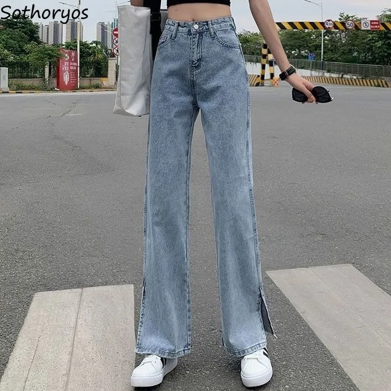 Seite-schlitz Frauen Jeans Hohe Taille Gerade Design Streetwear Casual Harajuku Koreanischen Stil Solide Blau Trendy Alle-spiel chic Bottom