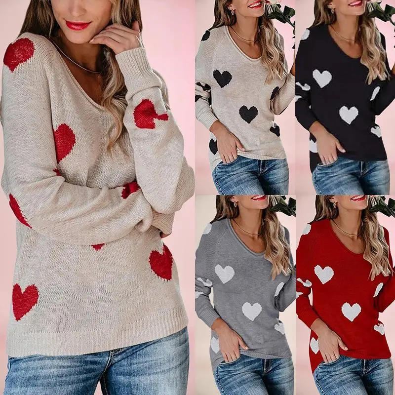 Suéter de Punto Hoado con Cuello en V y Estampado de Corazón para Mujer, ueso, de Manga Larga, Estilo Hoado, para Otoño...