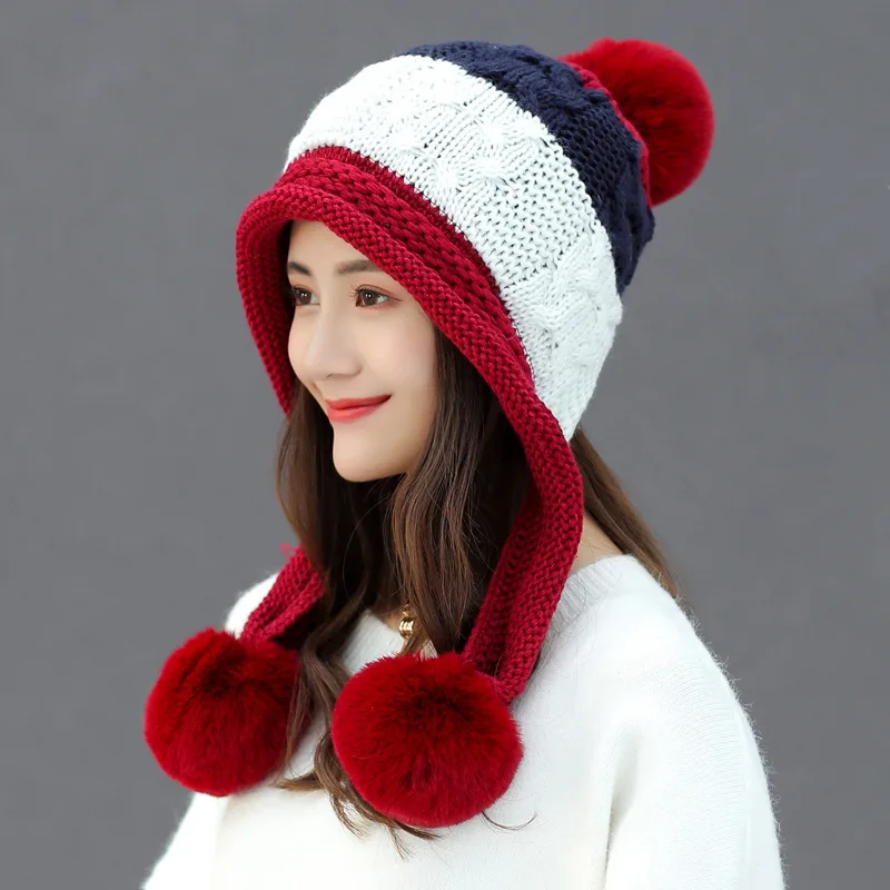 

Winter Cap Women Korean Ear Protection Wool Caps Outdoor Thickened Warm Wool Ball Knitted Hat Russian Hats beanie Wholesale