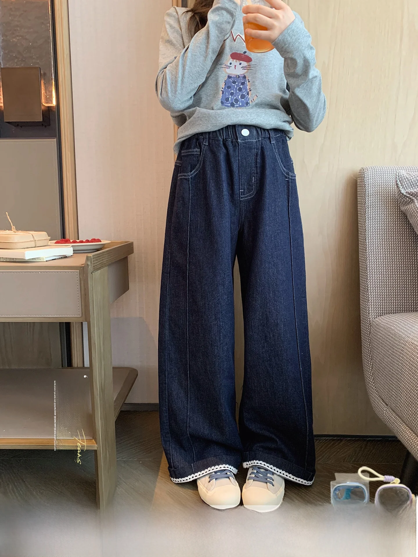 jean-en-denim-coupe-droite-pour-filles-bleu-fonce-nouvelle-collection-printemps-style-coreen-avec-dentelle-pantalon-large-long-pour-etudiantes
