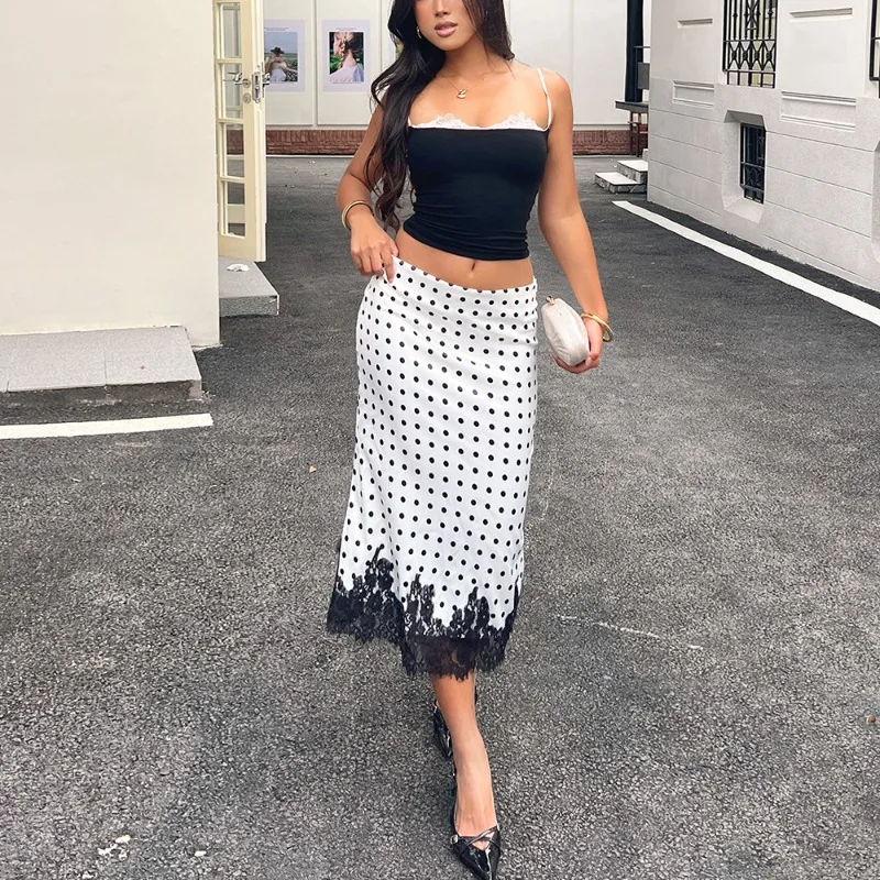 

Talenza Elegant Polka Dot Maxi Skirts Women's White Lace Patchwork Contrast Print Skirts Fashion Luxurious Casual Female Skirts
