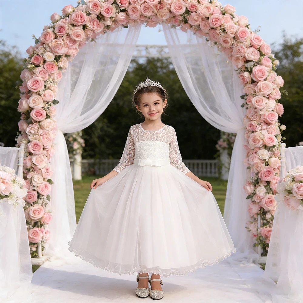 Teenage Girl Baptismal White Costume Bridesmaid Wedding Dress Birthday Girls Party Dresses Children's Piano Perform Elegant Gown