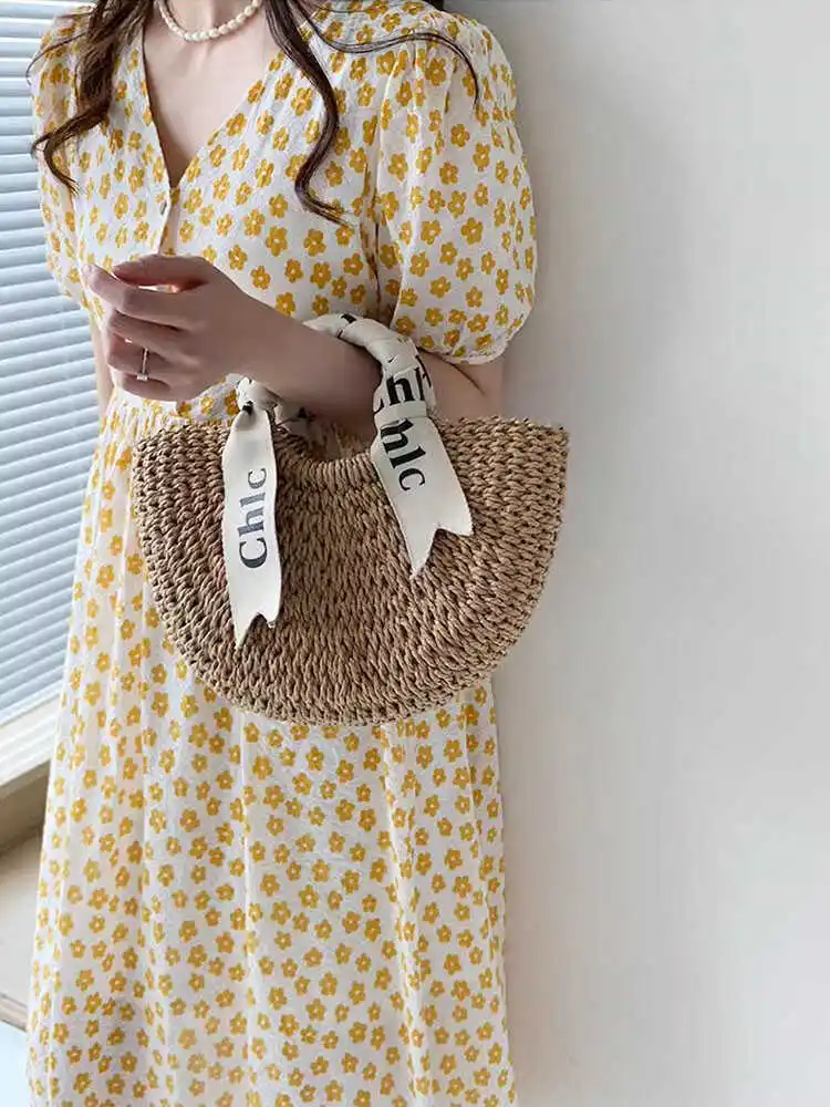 

Hanrted Wier Basket Handbag with Letter Design Versatile Beach Scarf f Circle St Bag for Summer Vaion