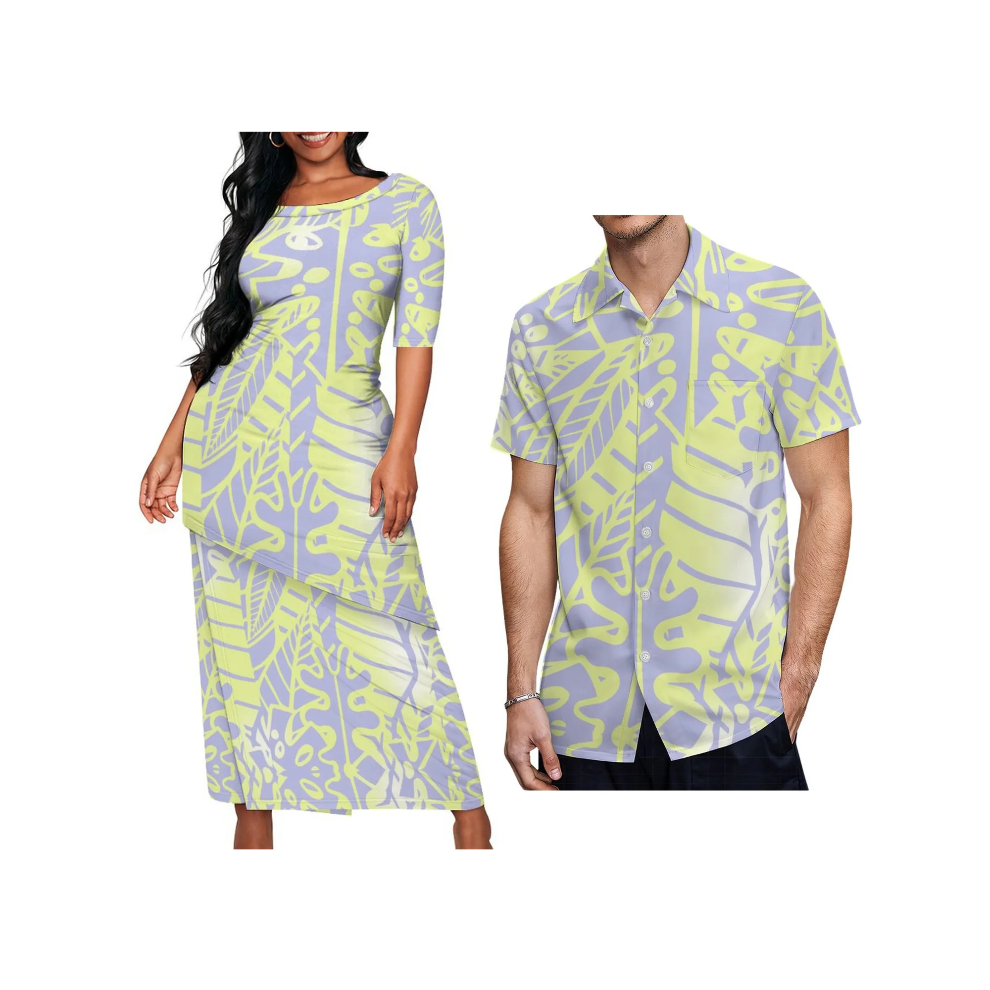 1 MOQ Polynesia Island Design Samoan Puletasi Set Dress Custom Women Oblique Hem Dress Top And Skirt Two Piece Set