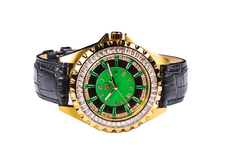 공장 맞춤형 패션 블랙 제이드 스톤 손목시계 남성용 지르콘 스테인리스 스틸 쿼츠 시계 제이드 다이얼