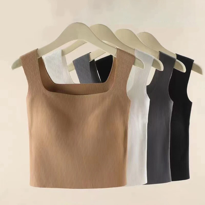 New Wide Shoulder Camisole Square Neck Beautiful Back Threaded Vest Women's Seamless One-piece Fixed Cup Casual Solid Tops