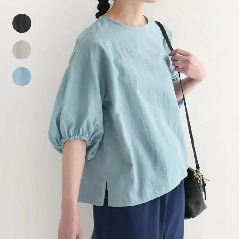 

Японская летняя хлопково-льняная футболка Rakuten для женщин, простой однотонный свободный топ с короткими рукавами и ленивыми пышными рукавами