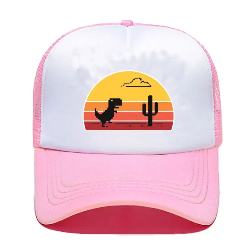 Sunset Offline Dinosaur Unisex Mesh Net Caps Chrome Disconnected Internet Dinosaur Baseball Caps Pixel Cloud Cactus Trucker Hats