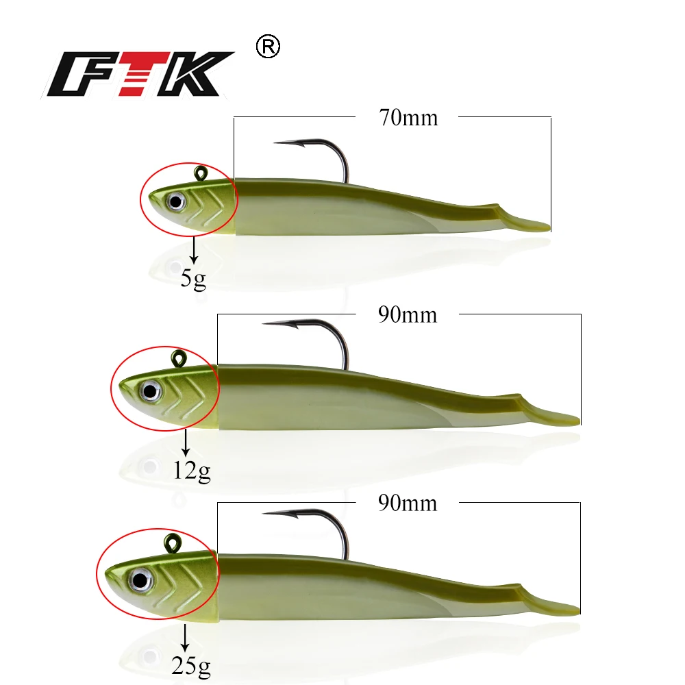 FTK 5-25g Soft Lure Jig Head Hook Artificial Bait Black Minnow Saltwater Sea Bass Fishing Bait Swimbait for Fishing Accessories