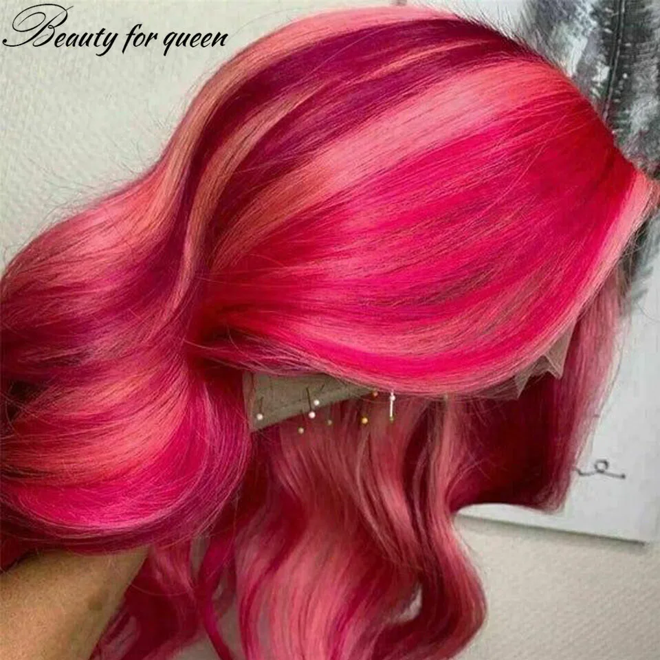 Pelucas de cabello humano con encaje Frontal para mujer, pelo brasileño con línea de pelo Natural, transparente, HD, color rosa