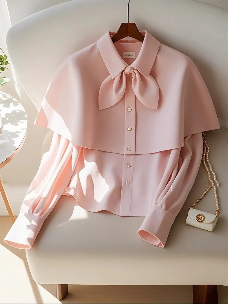 

Womens French Design Pink Tie Chiffon Blouse Autumn Fashion Elegant Fresh Style Outerwear Chic Cape Top