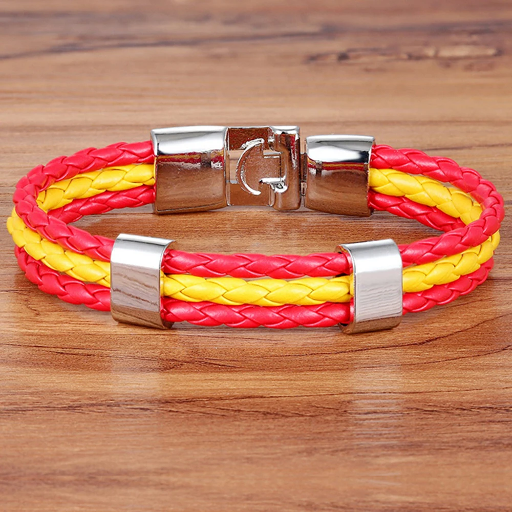 TYO Religious Stainless Steel Men Women Spain National Flag PU Leather Bracelet Handmade Jewelry with Velvet Bag Ship From Spain