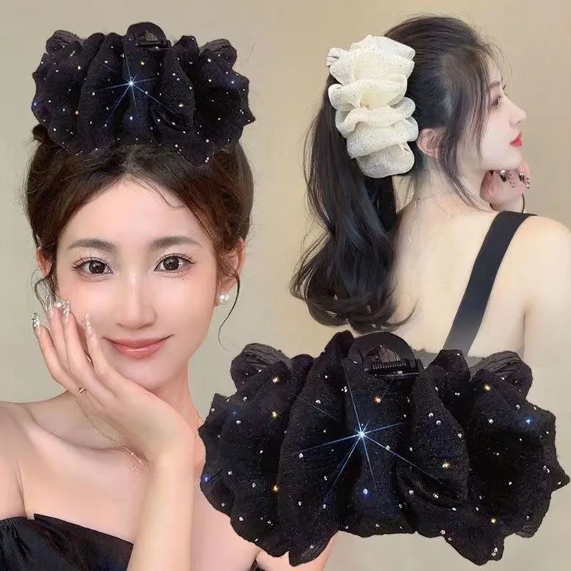 1/2pcs Elegant Mesh Rhinestone Hair Clip for Women Korean Style Large Shark Clip Fashion Girl Ponytail Clip Hair Accessories