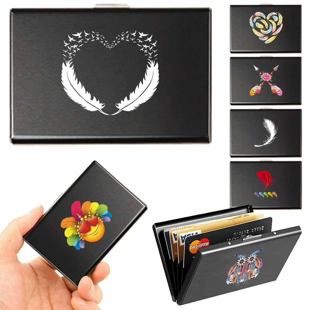 Men Anti-scan Card Holder Blocking Aluminum Metal Slim Wallet Money Bag Feather Print Credit Card Holder Thin Case Male Wallet