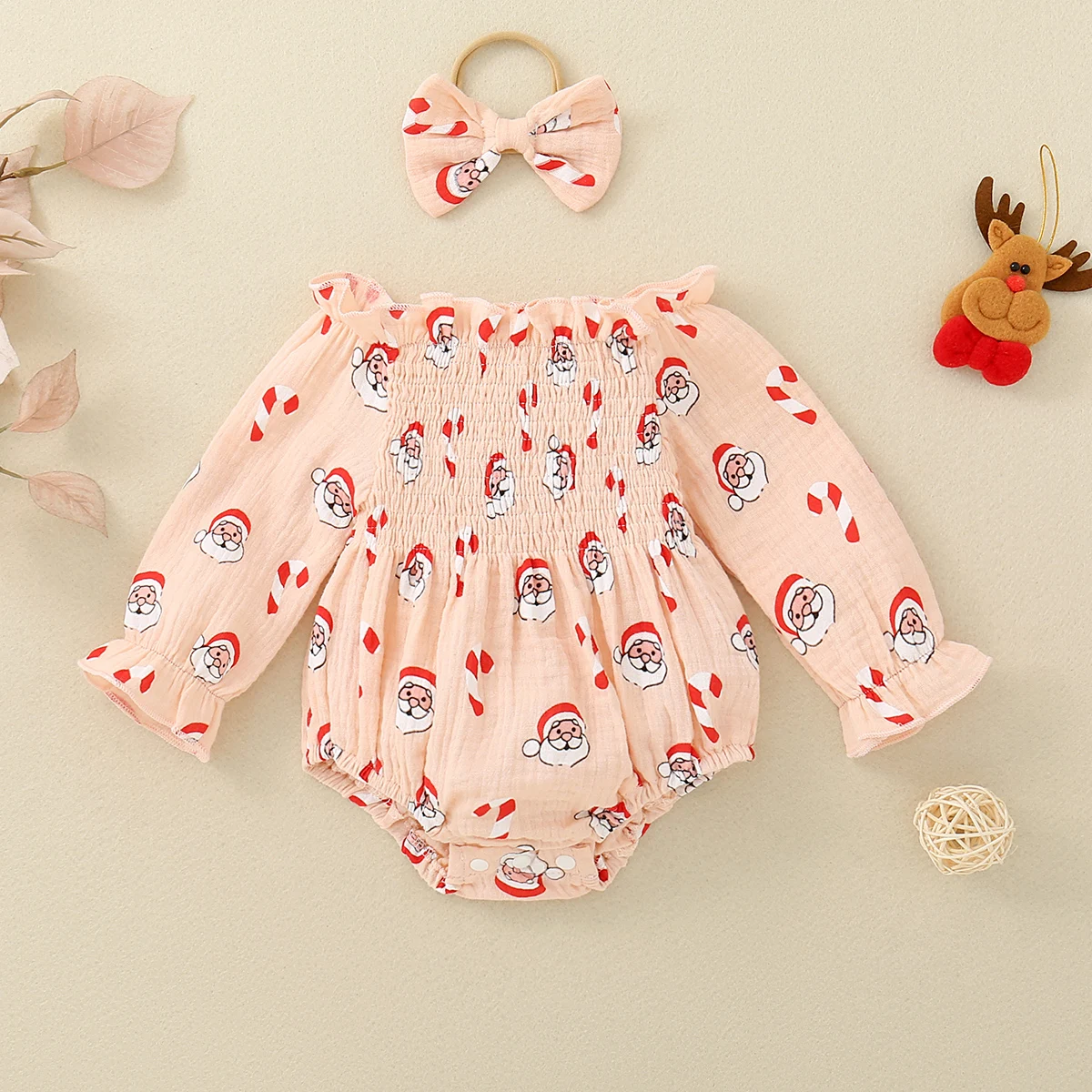 Spring and Autumn Season Baby Girl Long-Sleeved Triangular Bodysuit with Santa Claus Embroidery and Bow Headpiece