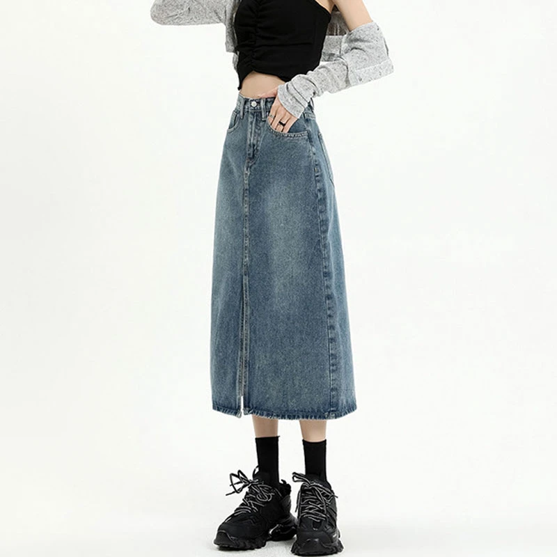 Split denim half-body skirt female spring and fall 2024 new tide high-waisted thin short skirt retro blue medium-length skirt