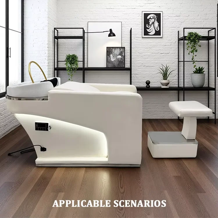 Barber Shop Furniture White Washing Chair Bed Modern Luxury Lay Down Beauty Salon Water Circulation Shampoo Chair with Footrest
