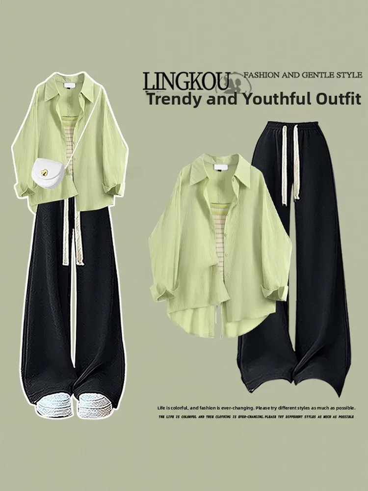 

Summer Casual plus Size Set Women's Dopaamine Sun Protection Striped Strap Top Slim Wide Leg Pants Three Piece Set Fashionable