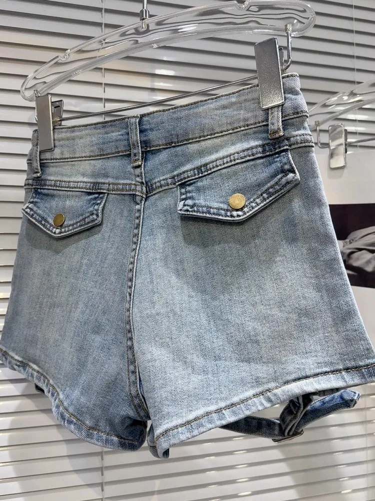 2025 New Women Summer Hot Sexy Girl Pearl Beading Denim Shorts Fashion Tie Buckle Vintage Diamonds Shiny Jeans Short Trousers
