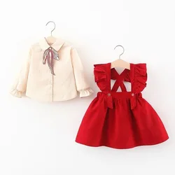 2 Pcs New Autumn Spring Baby Girl Bow Dresses Girls Long Sleeve Pure Cotton Newborn Birthday Dress Beige T-shirt and Red Dress