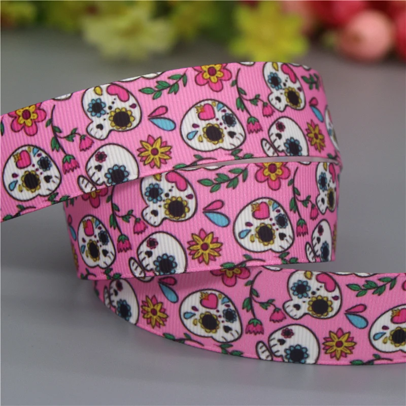 DHK 50yards Skull Zombie Printed Grosgrain Ribbon Accessories Material Headwear Decoration DIY Sewing Craft S2214