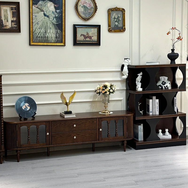 

French retro all-solid wood TV cabinet walnut American small apartment red oak living room cabinet antique furniture