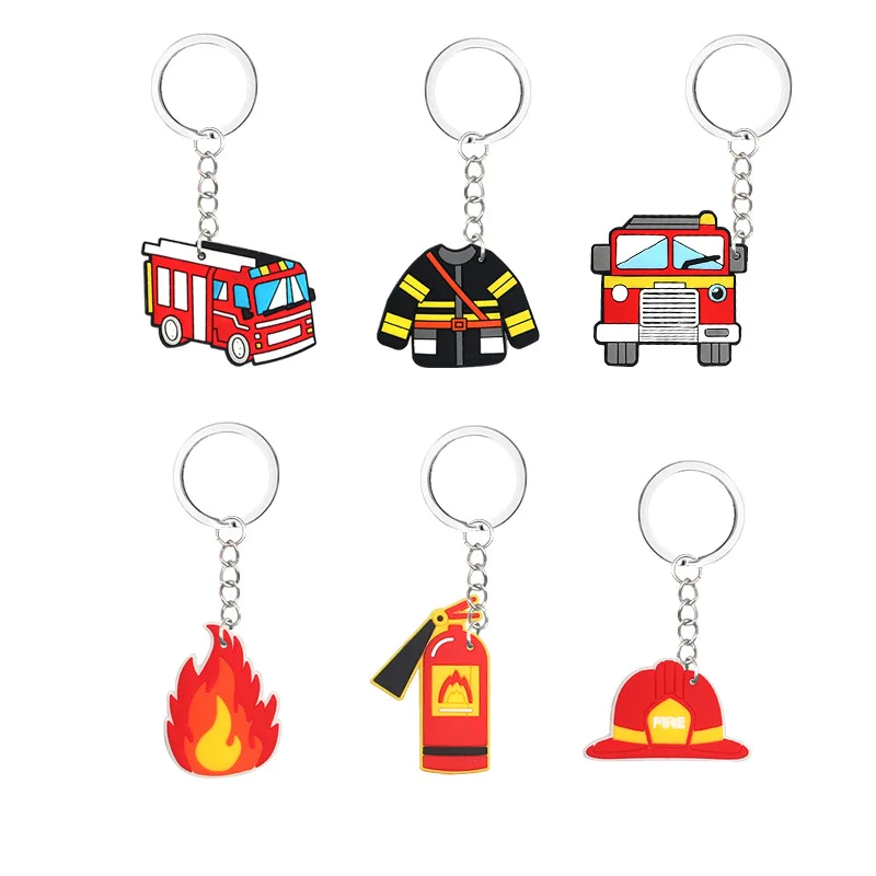 12Pcs Cartoon Firefighter Theme Party Gift Fire Truck PVC Keychains Toy for Kids Birthday Party Favors Pinata Fillers Goodie Bag