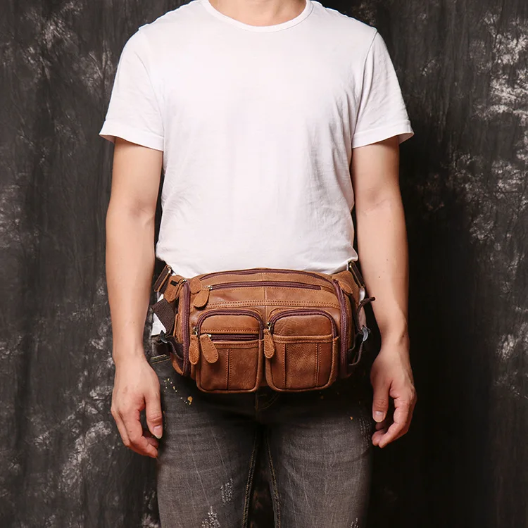 Men's genuine leather mobile phone, large-capacity chest bag, frosted cowhide waist bag, sports single-shoulder crossbody bag