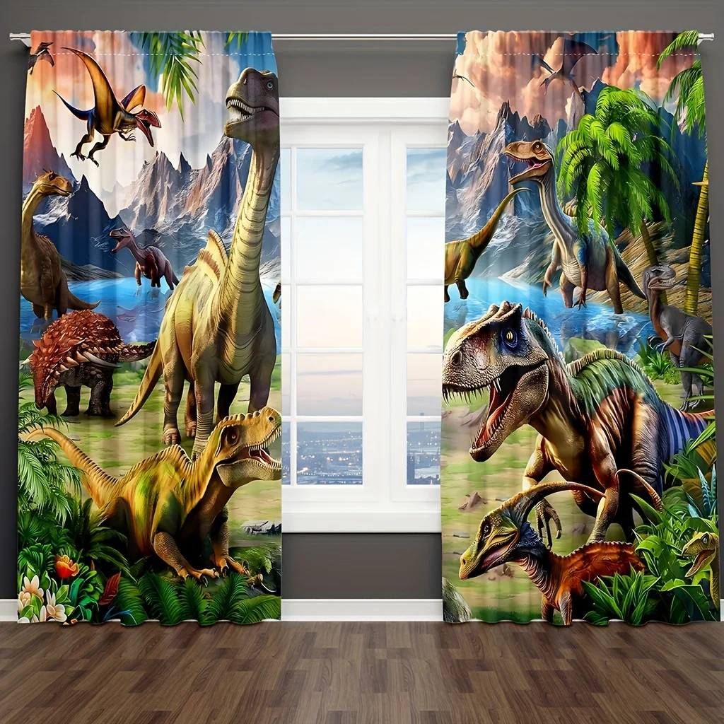 Dinosaur World Theme Curtains Blackout Drapes for Kids Room Boys Bedroom Home Decor Jurassic T Rex Pterodactyl PrintWindowPanels