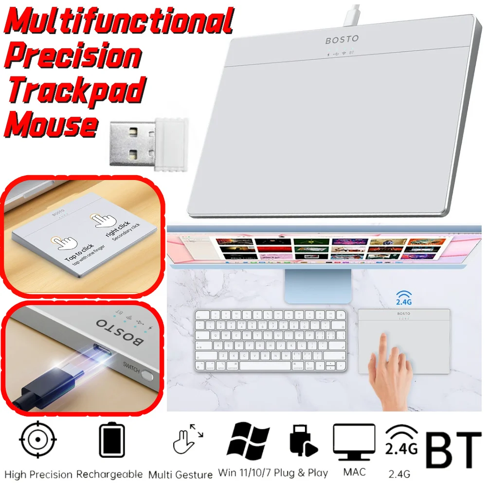 Bluetooth-Compatible Touchpad Multi-Gesture USB Touchpad Mouse Type-C Rechargeable Ergonomic Trackpad Mouse for Laptop iPad Mac