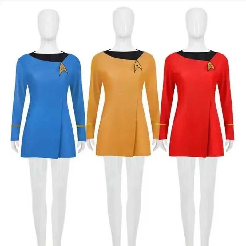 Damen Star Trek Cosplay Uniform TOS Rot Gelb Blau Kleid Cosplay Kostüme Party Halloween Für Frauen Abzeichen Bestseller