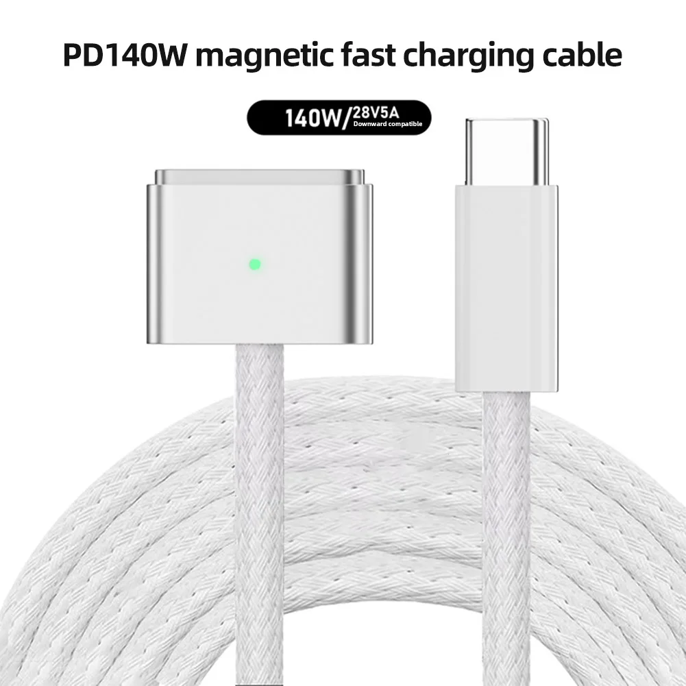 Plugue de carregamento rápido de 2m, potência máxima pd140w tipo-c macho para adaptador de plugue magnético 3 com luz led para macbook air/pro 2