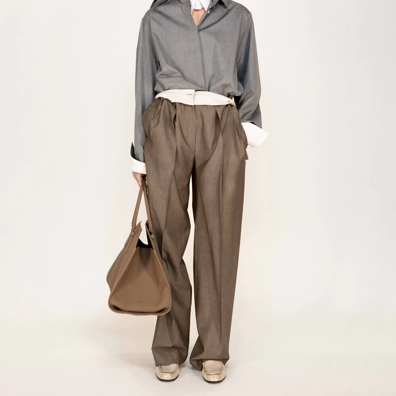 

American mat Woolen Straight Leg Pants High Waist Long Trousers Casual Drapey Color Blo Commuter Versatile West Pants