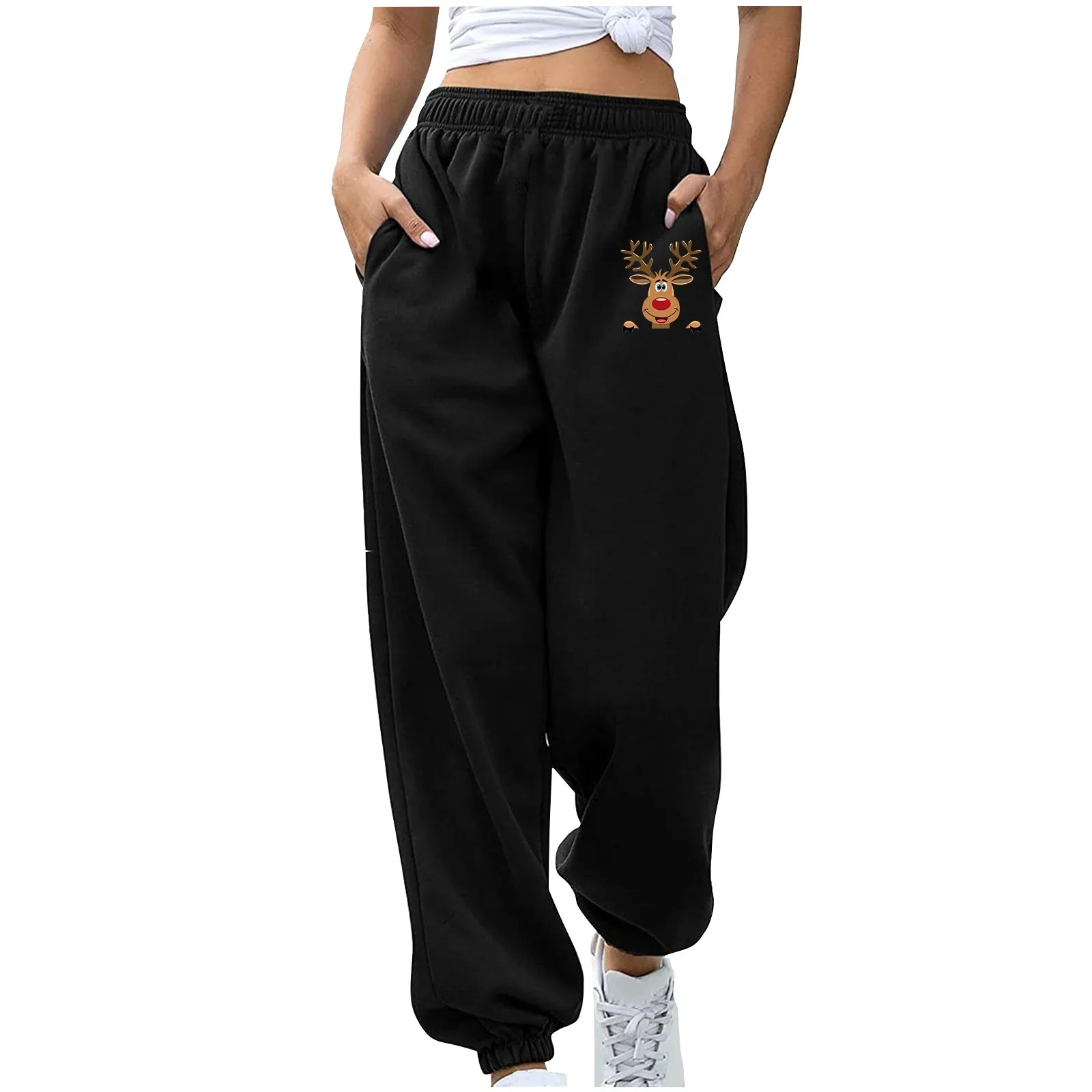 Damen Herbst kleidung gerades Bein lose einfarbige Weihnachts druck Jogger hose hohe elastische Taille Jogging hose Streetwear