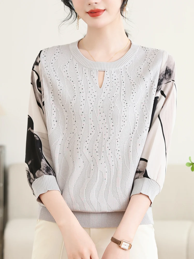 

Chiffon Sleeve Sweater Women 2025 Spring Summer Fashion Pullover Femme Women Clothing Causal Print Sweaters
