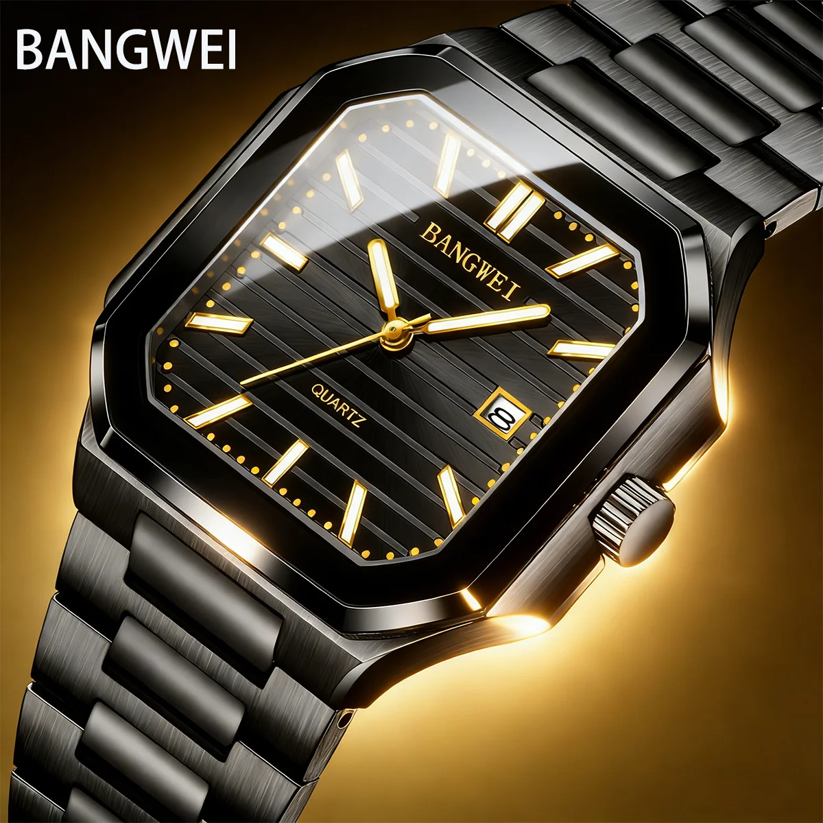 

Мужские часы BANGWEI класса люкс, водонепроницаемые, светящиеся, с указанием даты и дня недели, кварцевые, из нержавеющей стали, модные, квадратные.