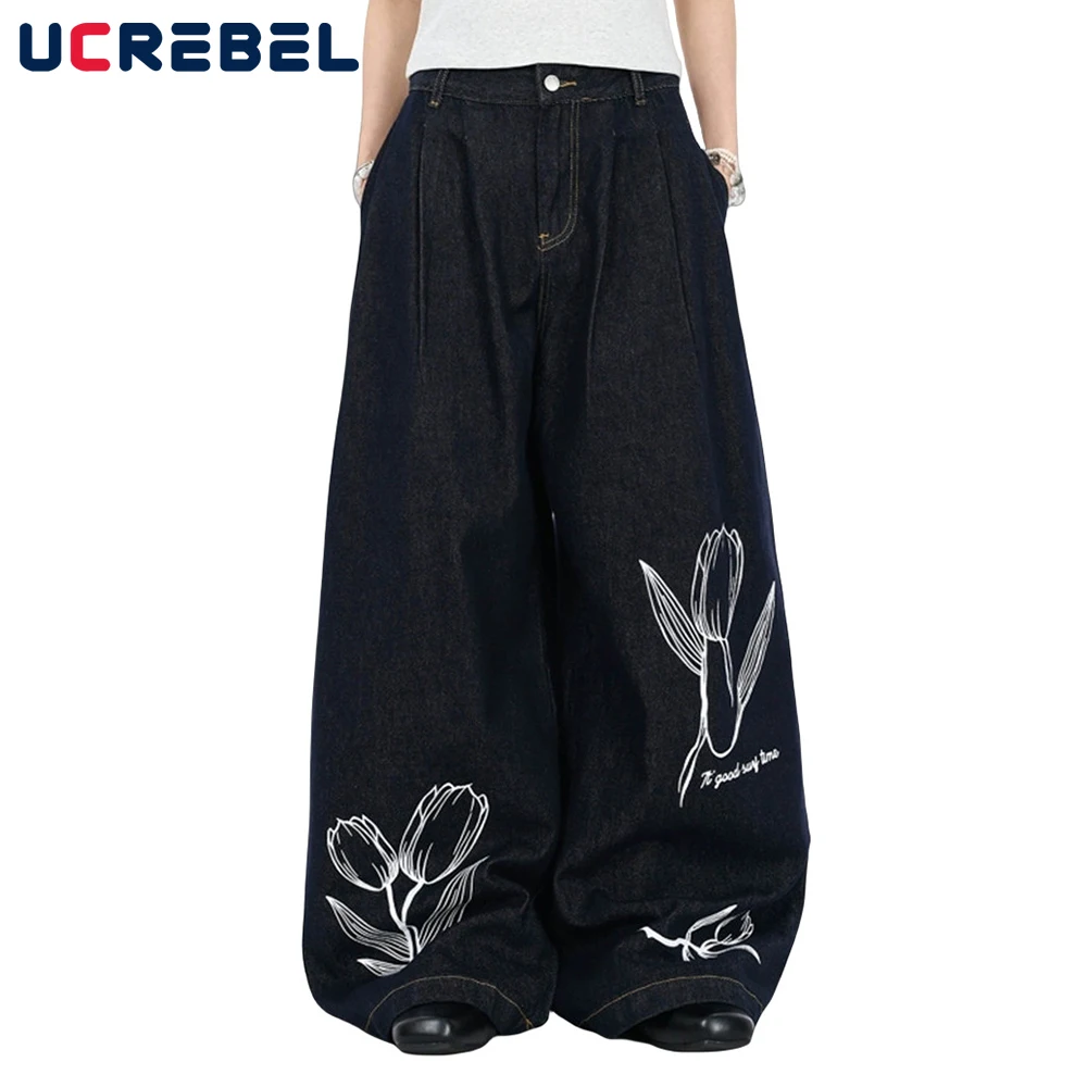 Flower Print Wide Leg Jeans Mens Top Stitch Pleated Retro High Street Loose Dark Denim Pants Men