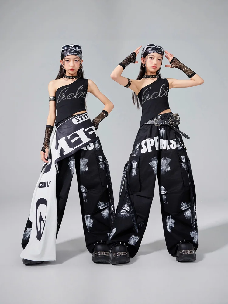 Fantasia de dança jazz para meninas, colete preto, calças largas, conjunto de grupo, hip hop, performance, concerto, passarela, palco