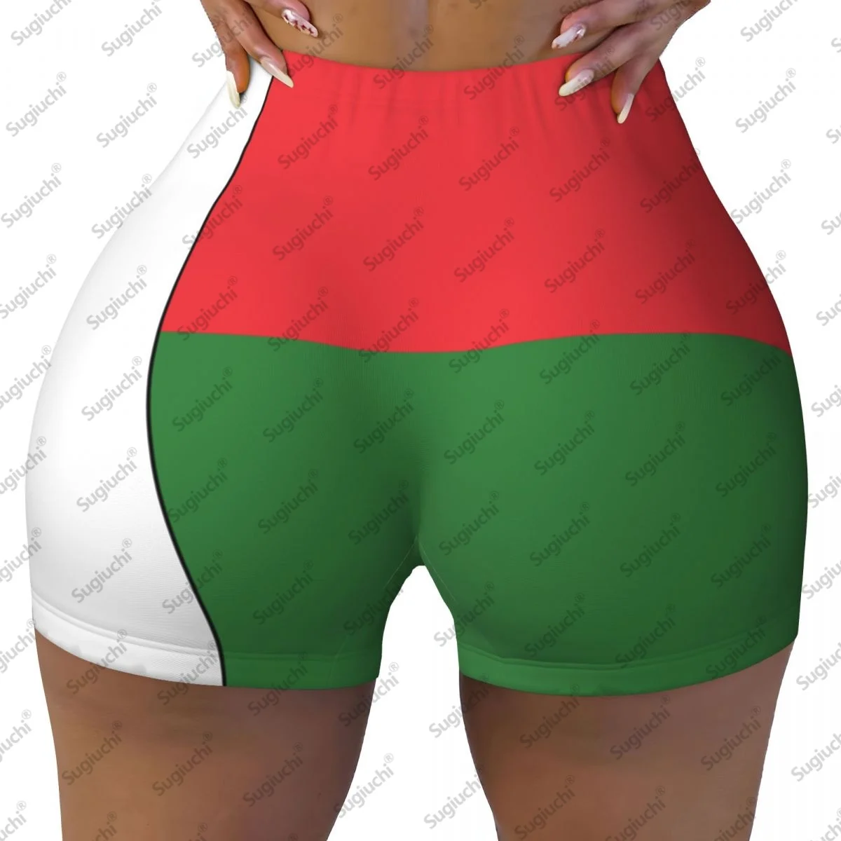 2026 マダガスカル国旗ヨガショーツ 女性用 ワークアウト スクランチバットリフティング ハイウエスト ジム ランニング ショートパンツ