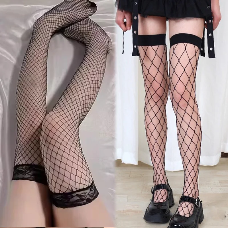 Black Over Knee Sexy Hollow Out Stockings Mesh Fishnet Thigh High Stocking Cute Lovely Gothic Tights Christmas Halloween Hosiery