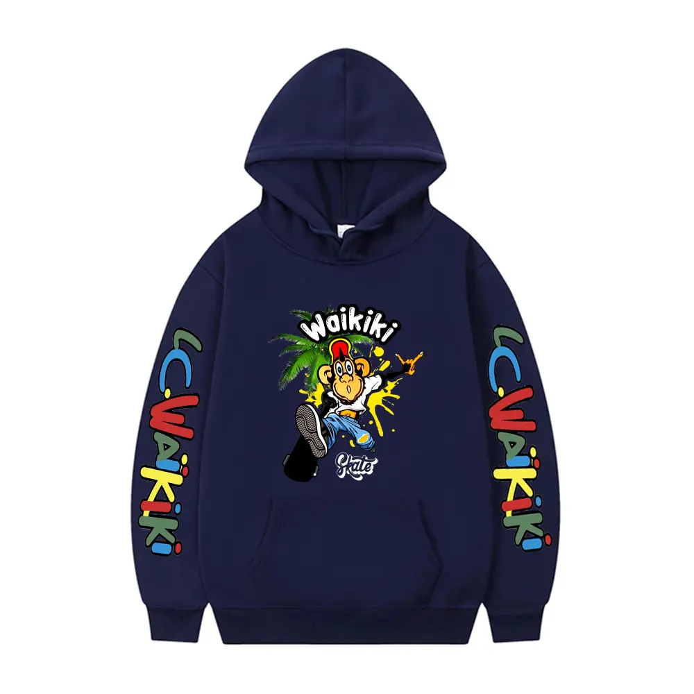 Lc Waikiki Monkey with A Skateboard Print Hoodie Men Women Funny Monkey Graphic Sweatshirt Oversized Male Casual Fleece Hoodies